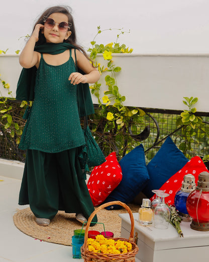 Green Spaghetti Kurta and Sharara Set with Hand bag