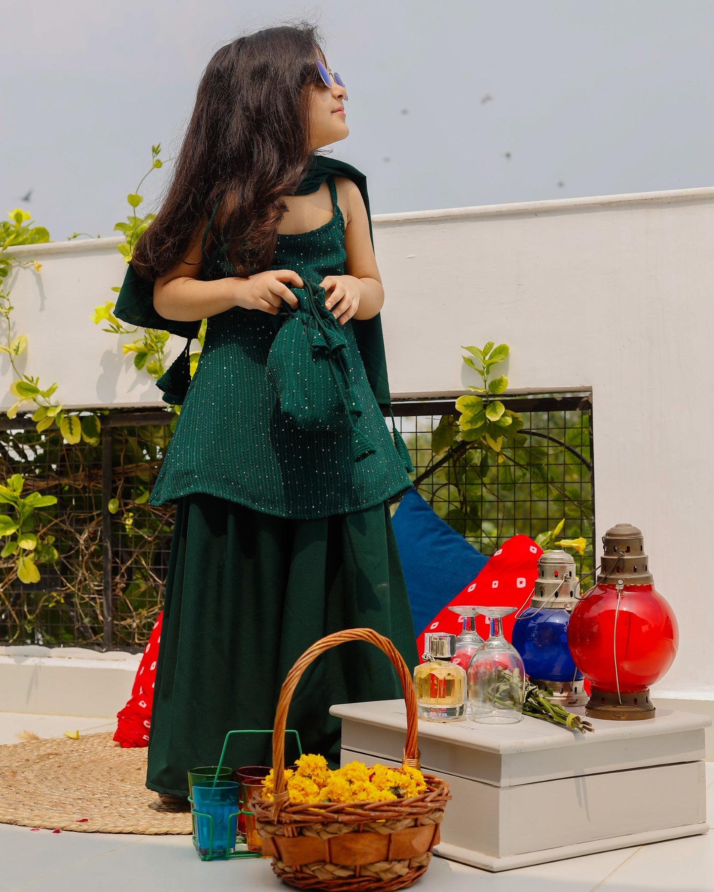 Green Spaghetti Kurta and Sharara Set with Hand bag