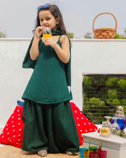 Green Spaghetti Kurta and Sharara Set with Hand bag