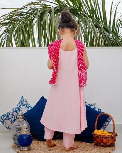 Peasant Pink Suit Set with Leheriya Dupatta