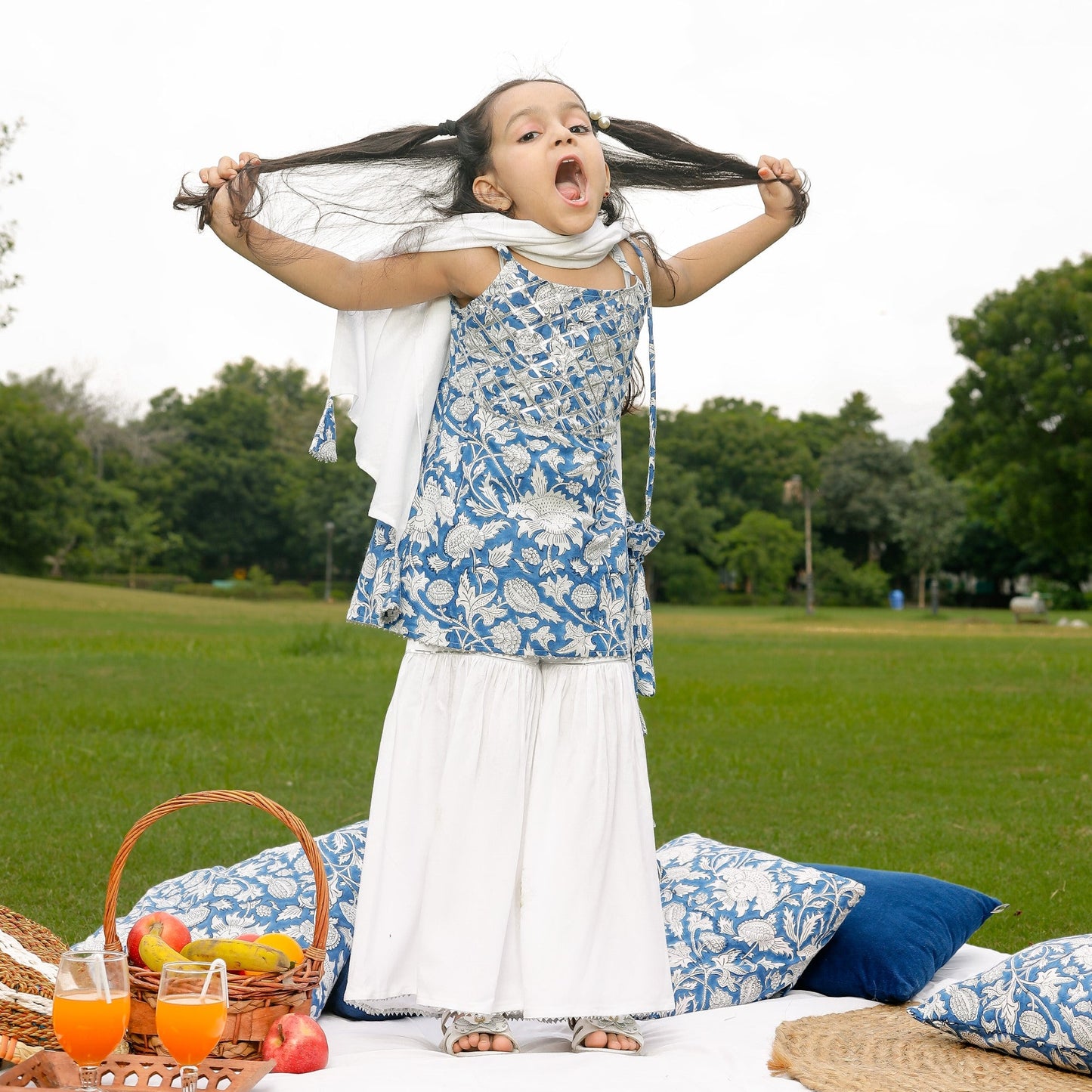 Sky blue floral printed kurta with sharara