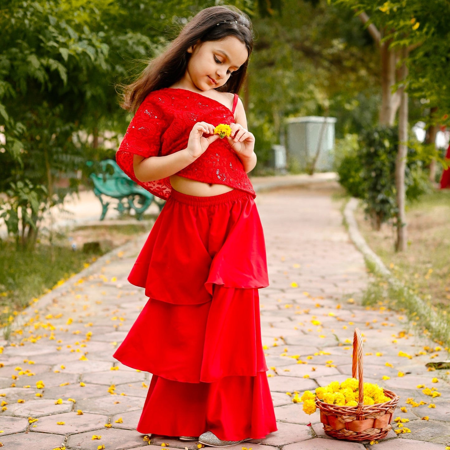 Red Embroidered Georgette Sharara Set