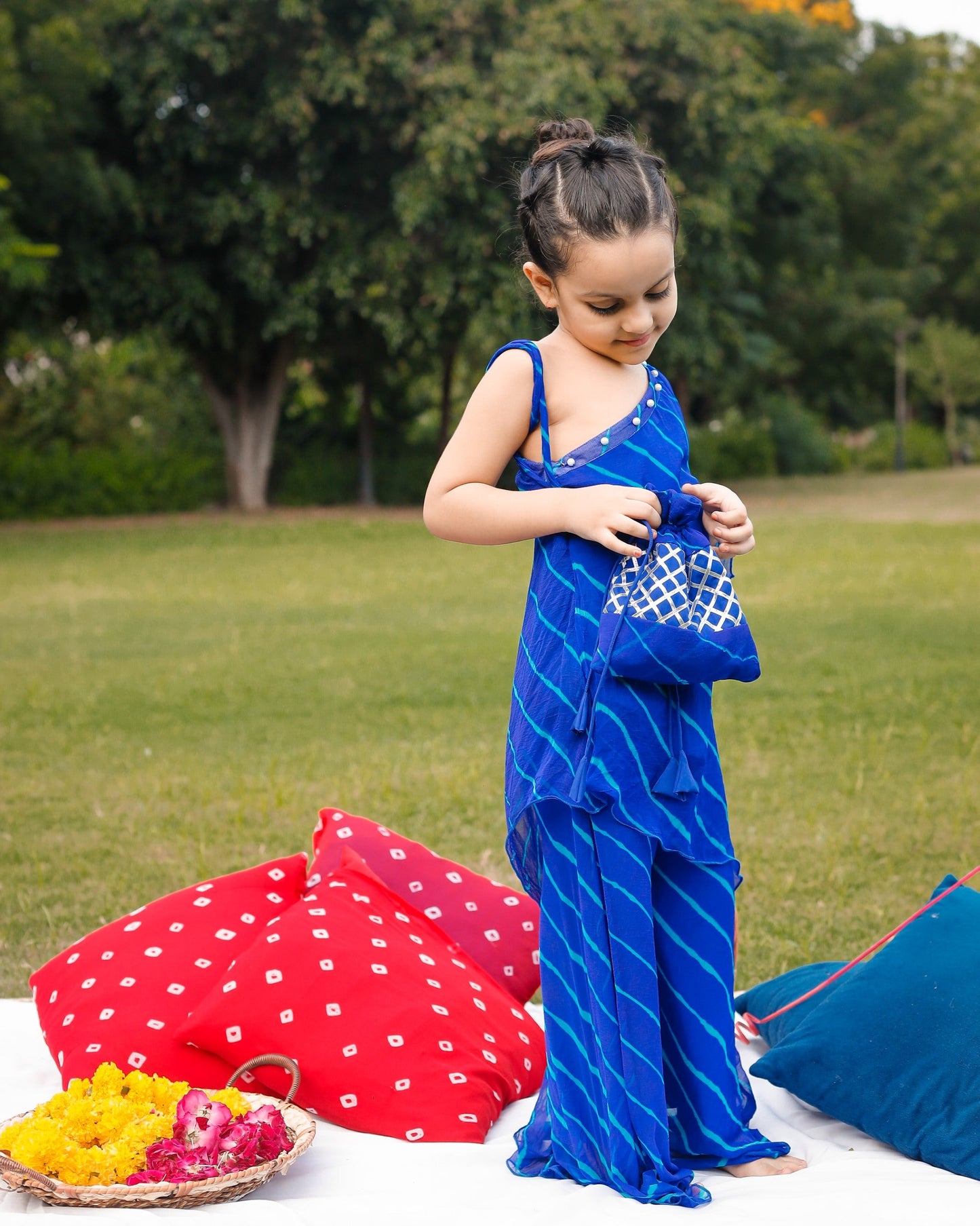 Embellished blue one shoulder kurta set