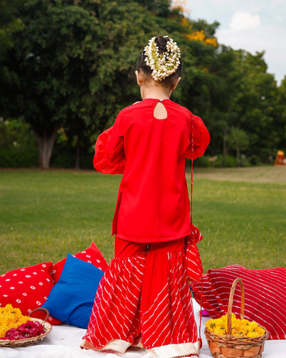 Red Sequin Balloon Sleeves Sharara Set