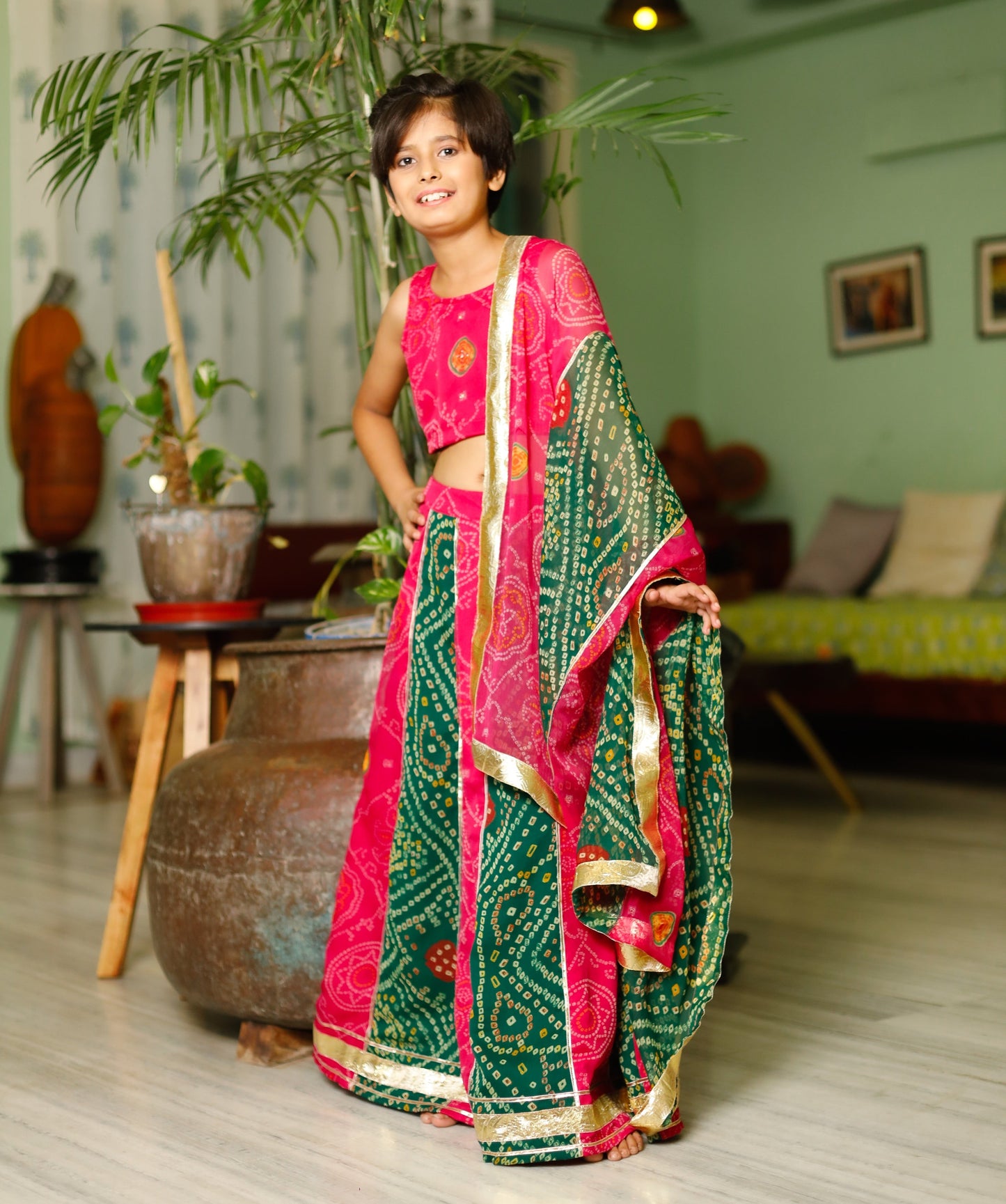 Multicolour Bandhej Kids Lehanga Set