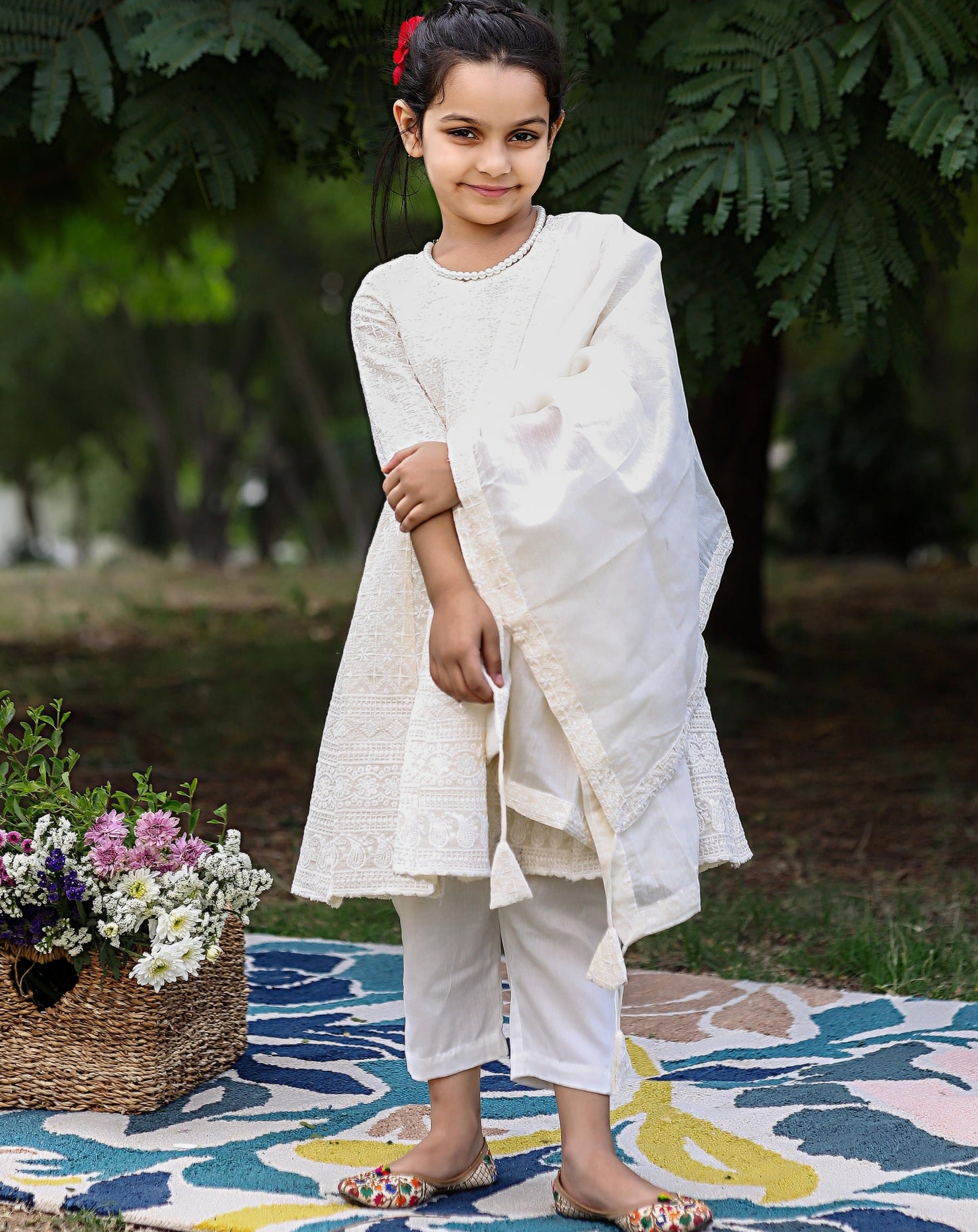 Kids Rich White Chikankari Suit Set