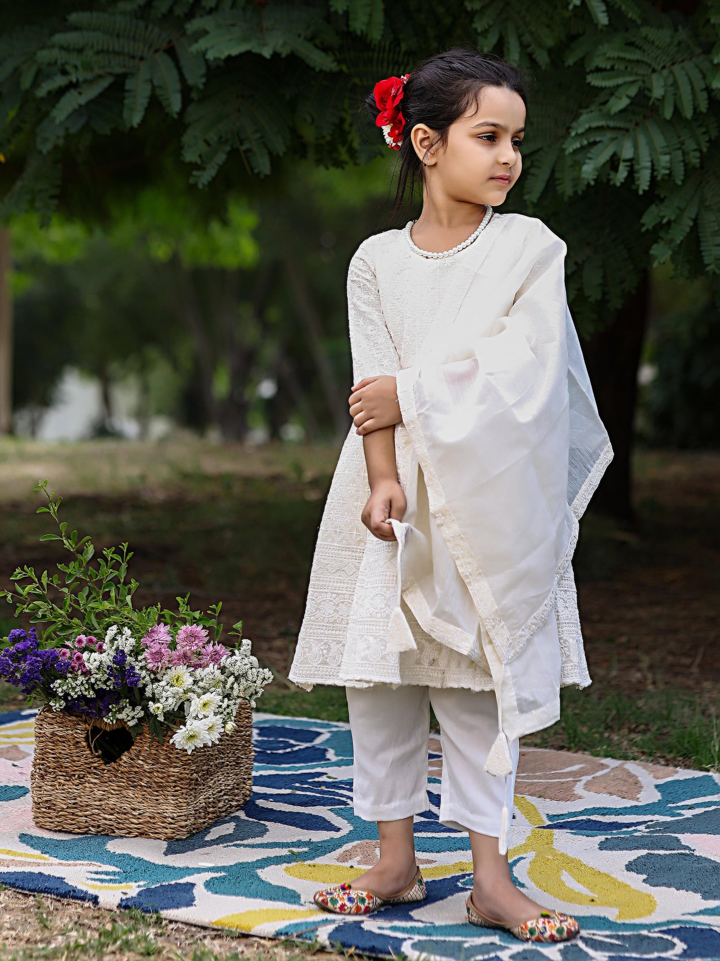 Kids Rich White Chikankari Suit Set