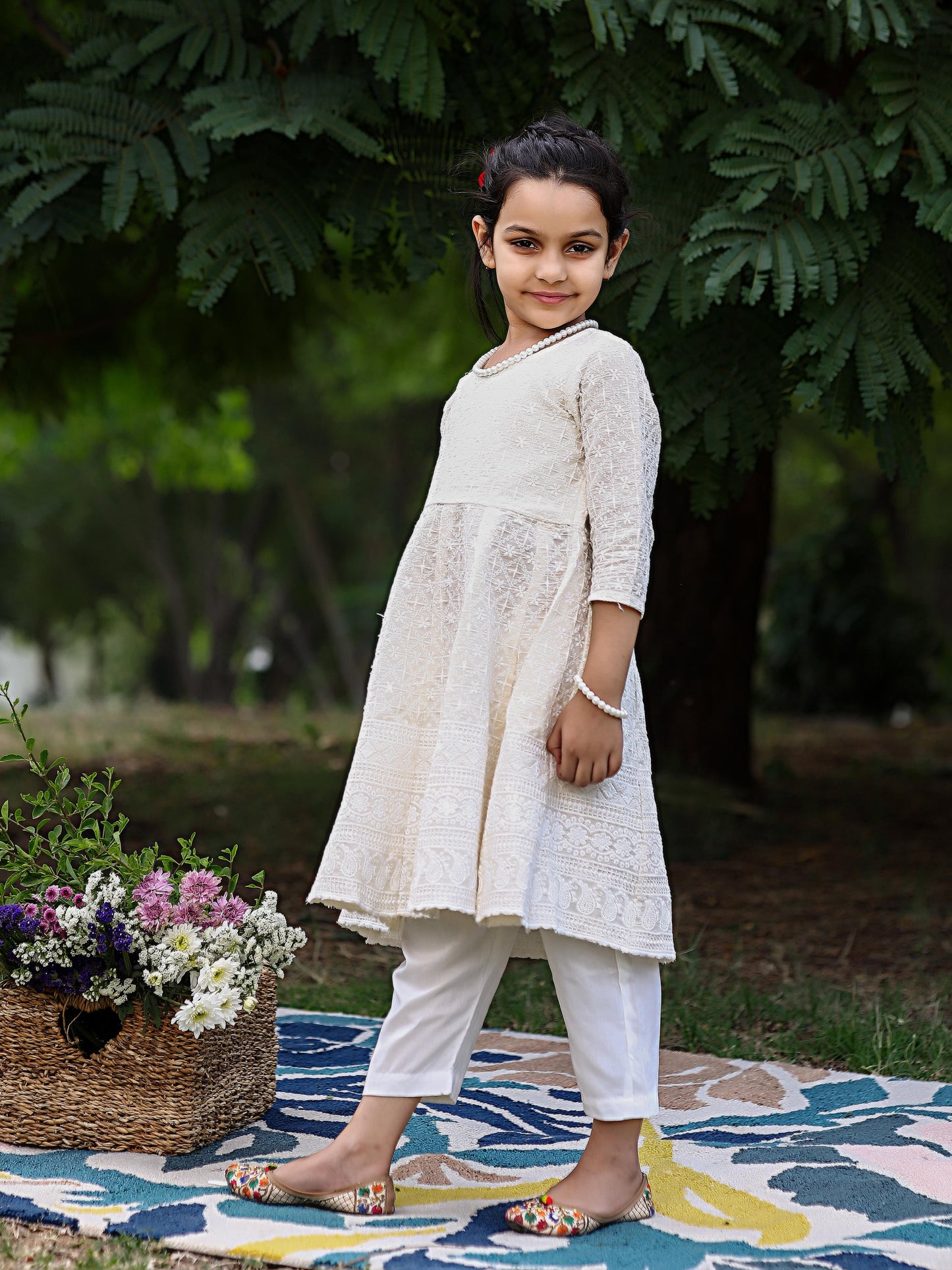 Kids Rich White Chikankari Suit Set