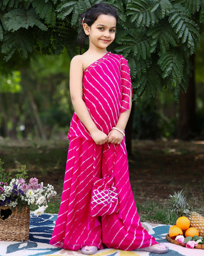 Kids Pink Leheriya One Shoulder Kurta Set