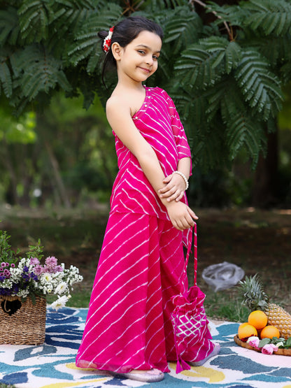 Kids Pink Leheriya One Shoulder Kurta Set