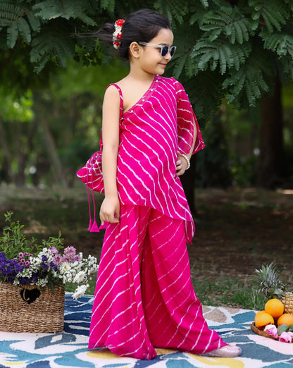 Kids Pink Leheriya One Shoulder Kurta Set