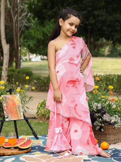 Kids Peach Pink One Shoulder Kurta Set