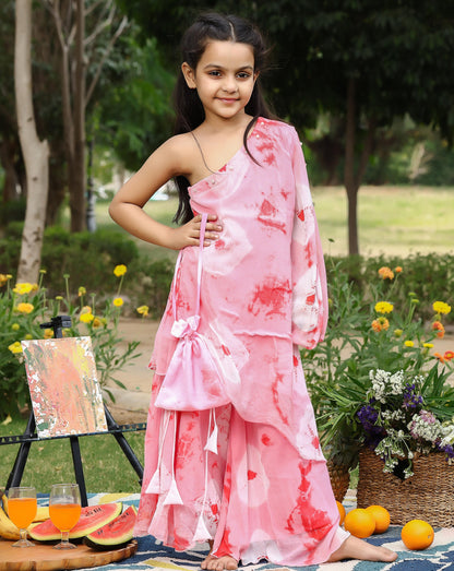 Kids Peach Pink One Shoulder Kurta Set