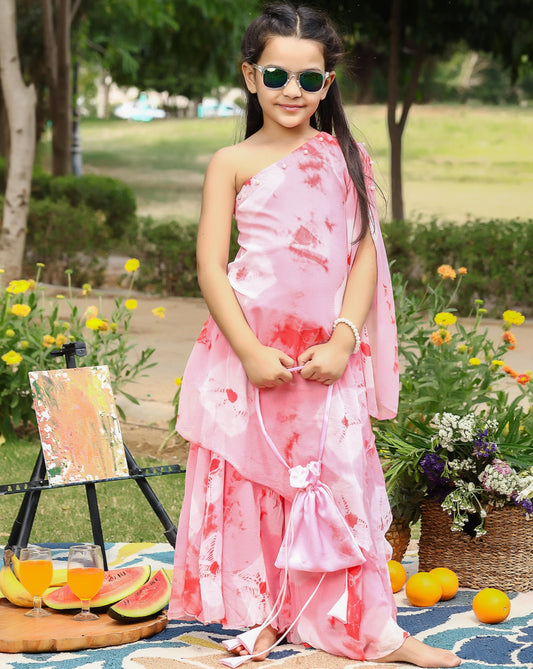 Kids Peach Pink One Shoulder Kurta Set