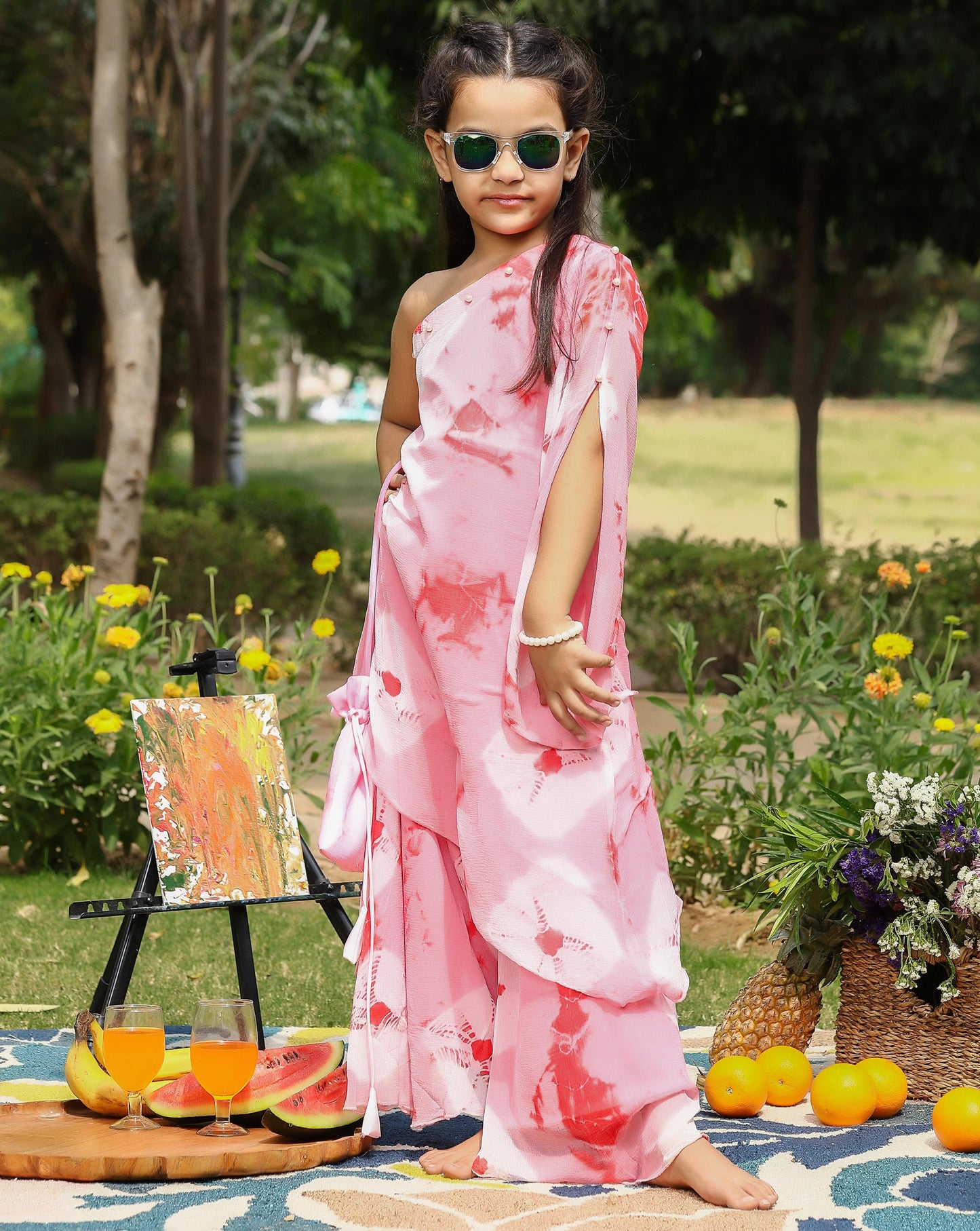 Kids Peach Pink One Shoulder Kurta Set