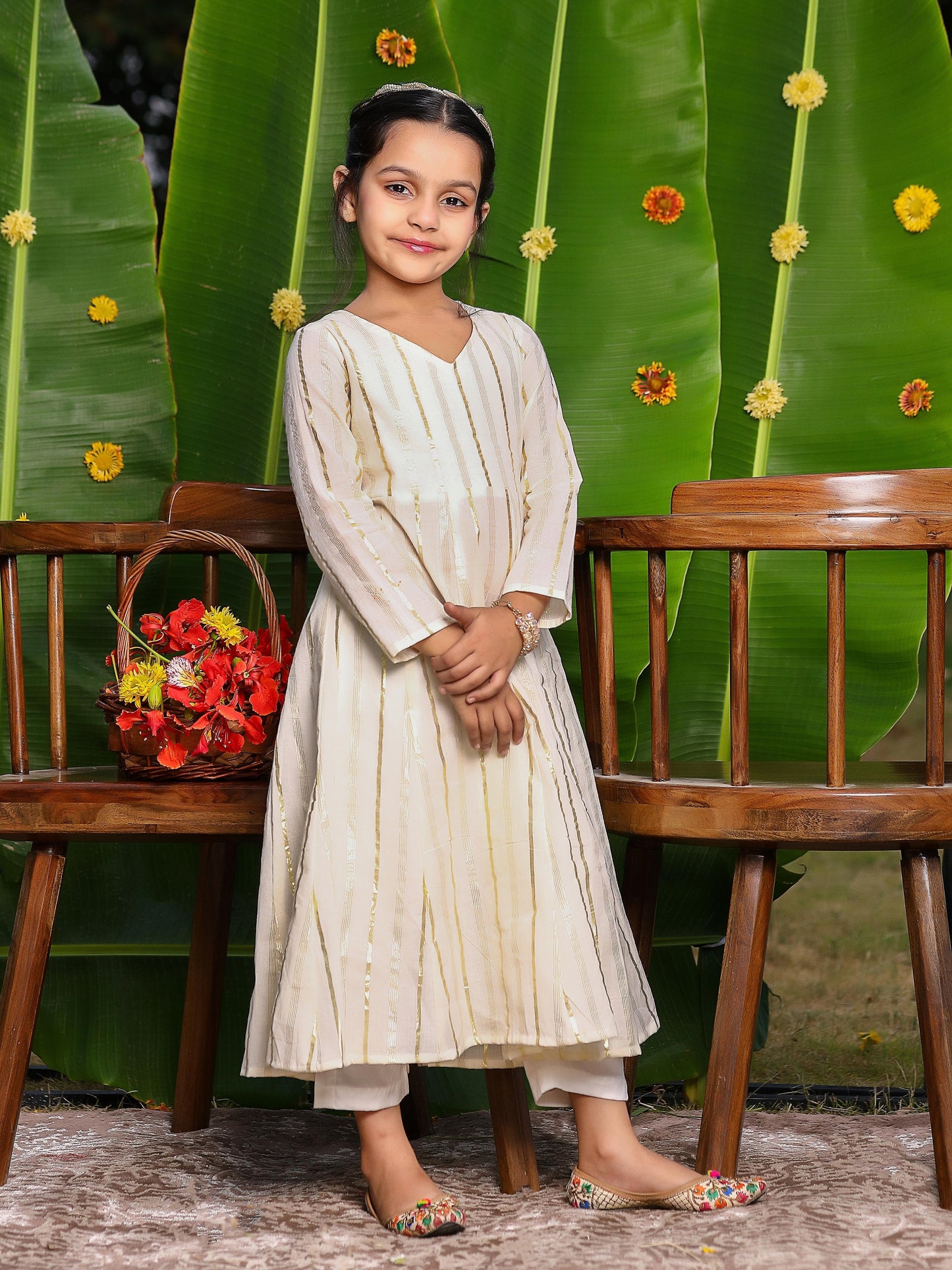 Gorgeous Kids White Cotton Lurex Anarkali Set