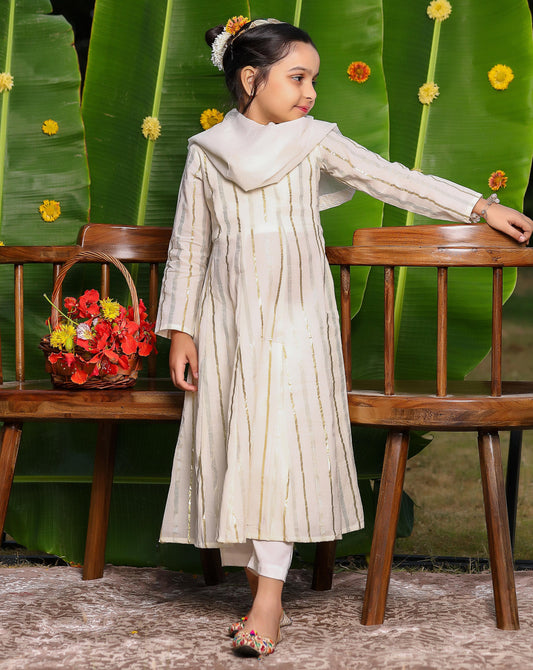 Gorgeous Kids White Cotton Lurex Anarkali Set