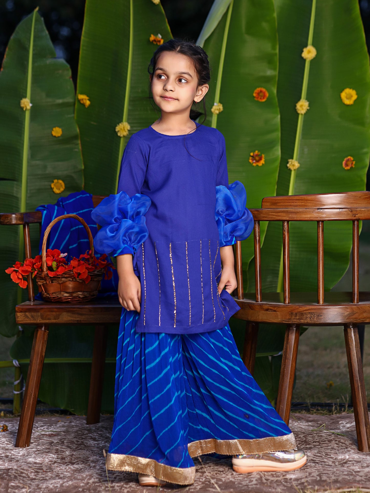 Blue Sequin Ballon Sleeves Sharara Set