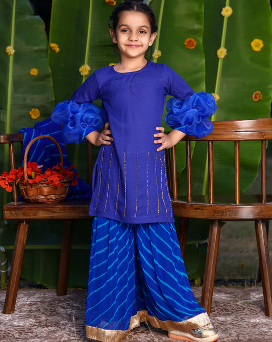 Blue Sequin Ballon Sleeves Sharara Set