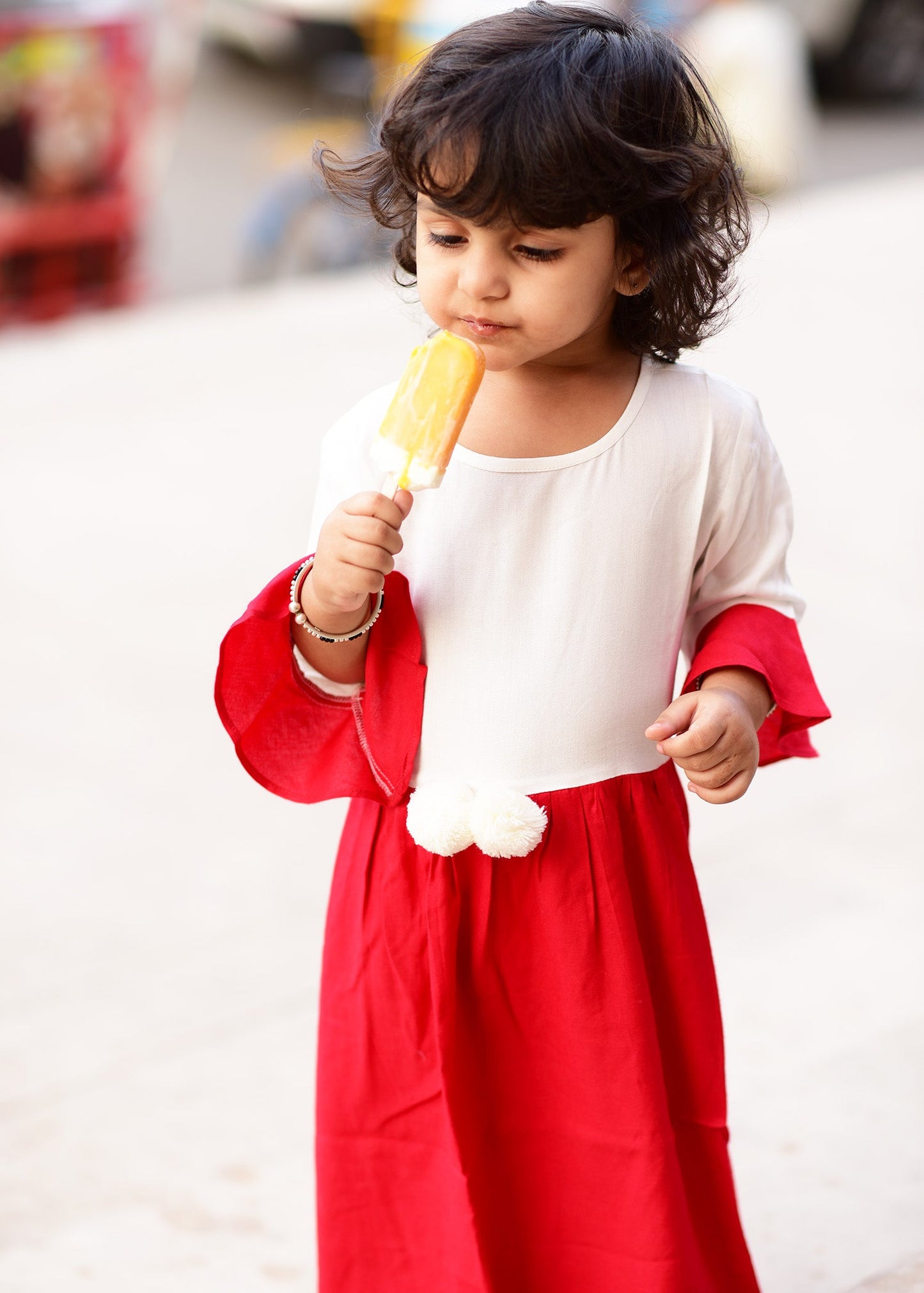 Beautiful White Red Dress With PomPom