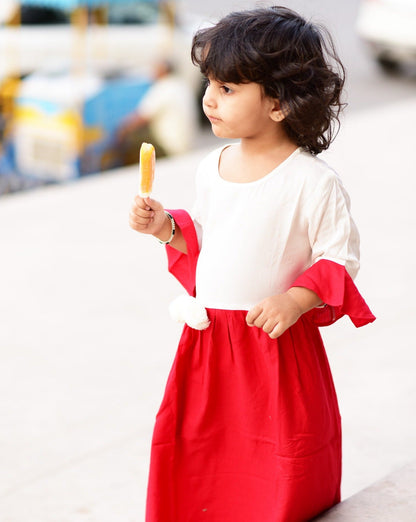 Beautiful White Red Dress With PomPom