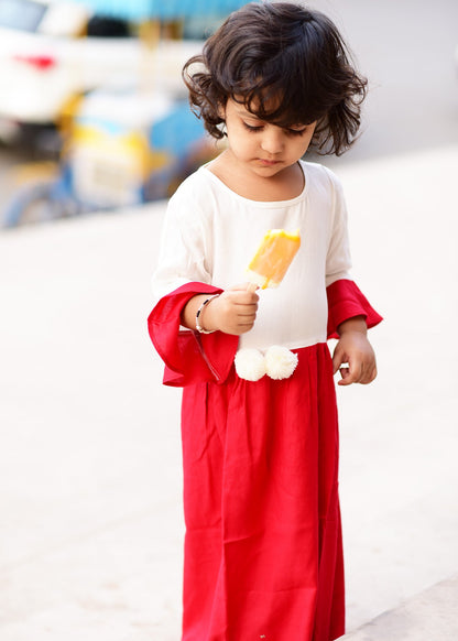 Beautiful White Red Dress With PomPom