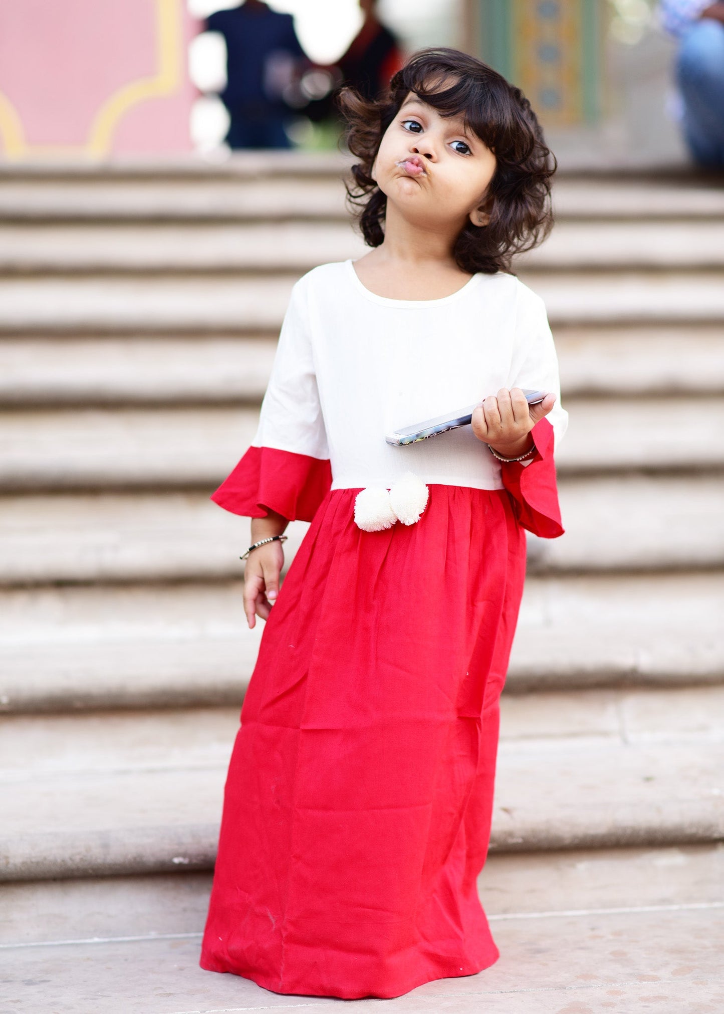 Beautiful White Red Dress With PomPom