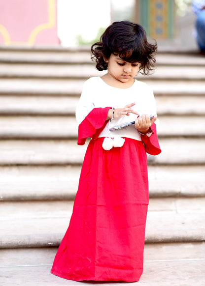 Beautiful White Red Dress With PomPom